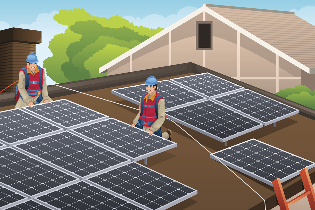men installing solar panels on a roof