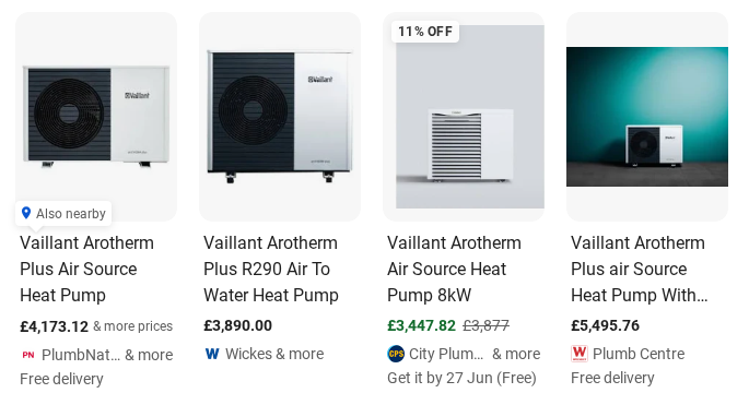 A comparison of prices for the Vaillant AroTherm Plus at different wholesalers, screenshot of a google search