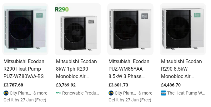 A comparison of prices for the Mitsubishi Ecodan at different wholesalers, screenshot of a google search