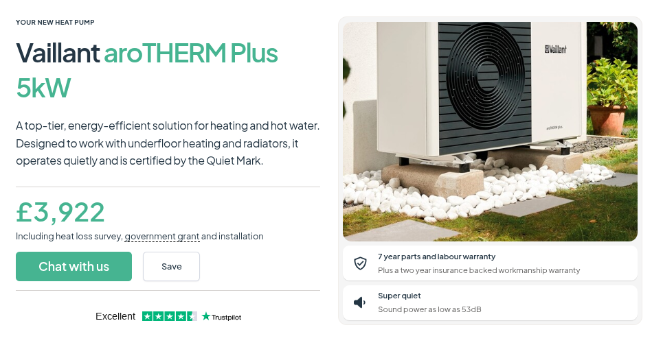 A snippet from the dwellow website with the quote for a Vaillant heat pump at £3,922