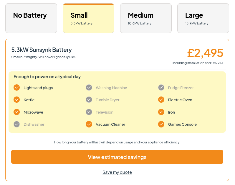 A snippet from the dwellow website showing the cost of a 5kwh battery at £2,495 