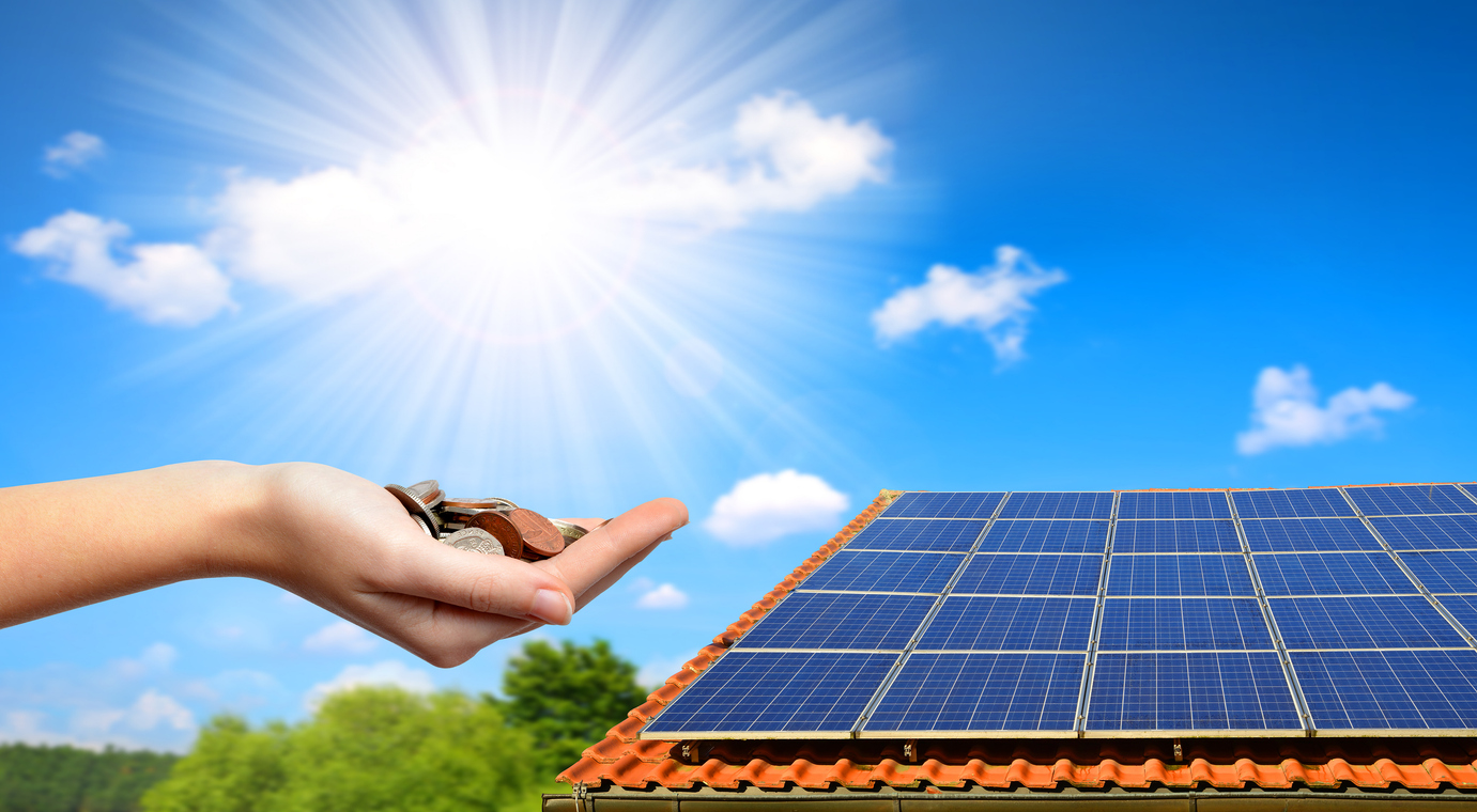 woman holding money next to solar panels