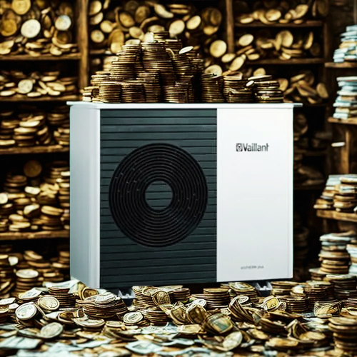 Heat pump surrounded by cash and coins