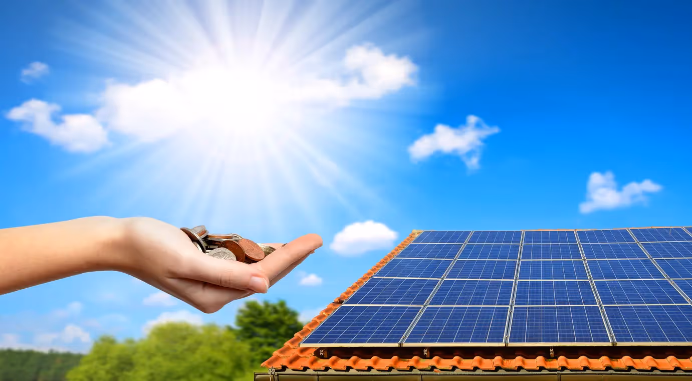woman holding money next to solar panels