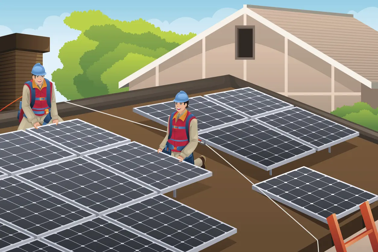 men installing solar panels on a roof