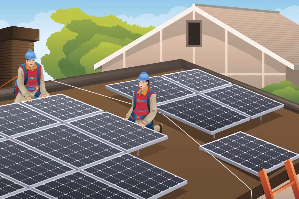 men installing solar panels on a roof