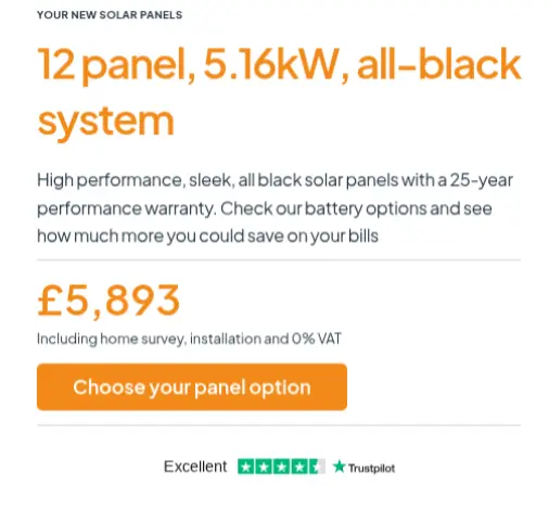 A snippet from the dwellow website showing a quote for a 12 panel solar array at £5,893