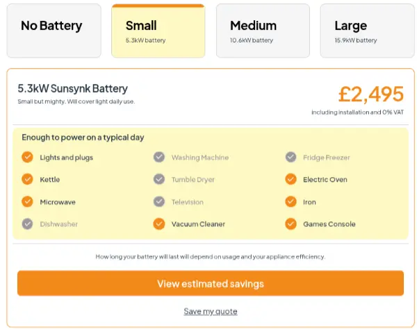 A snippet from the dwellow website showing the price of a 5kwh battery at £4,995