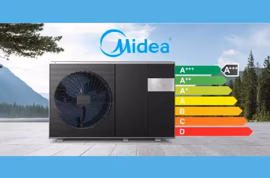 An image of a Midea heat pump with the efficiency ratings next to it, with a snowy background
