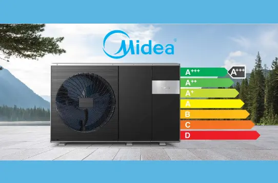 An image of a Midea heat pump with the efficiency ratings next to it, with a snowy background