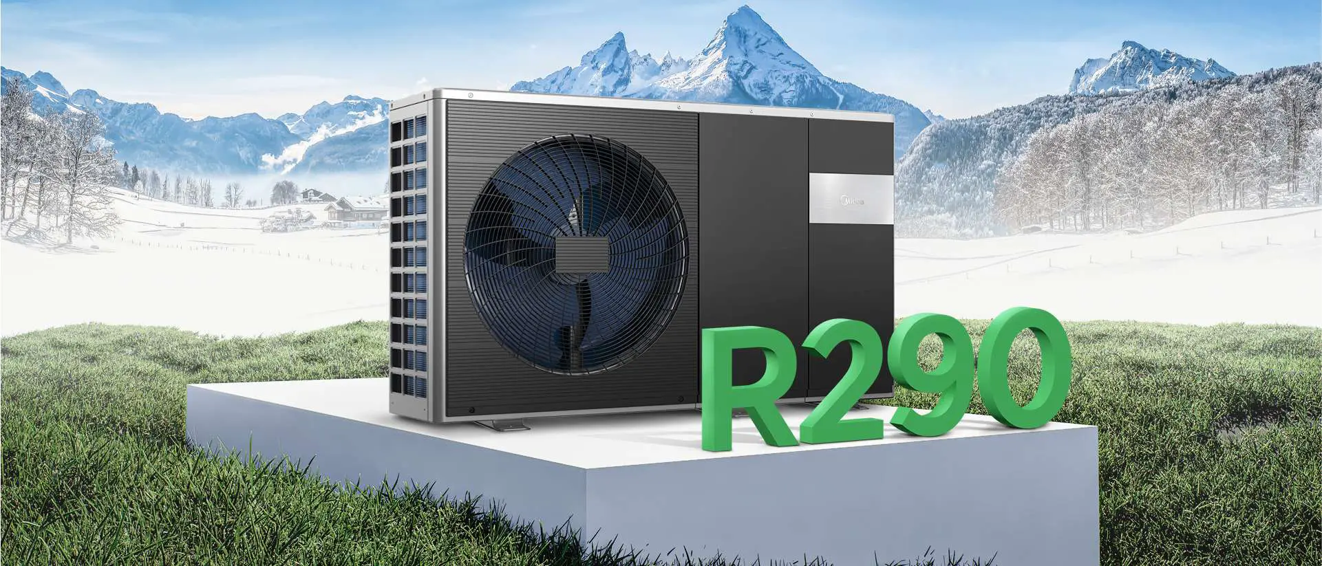 A midea heat pump on a concrete base with the words R290 in front of it and snowy mountains in the background