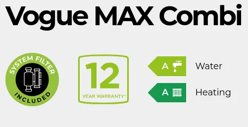 An image showing text saying Vogue Max Combi and underneath is a badge for 12 year warranty