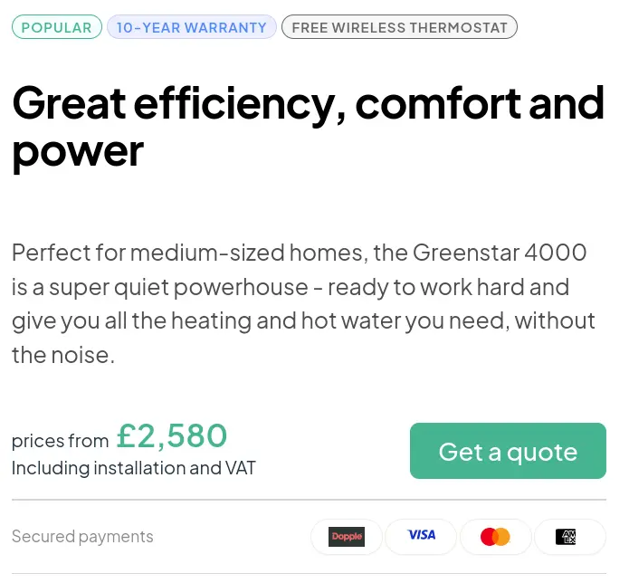 A screenshot the start of the quote journey for a boiler on the dwellow website