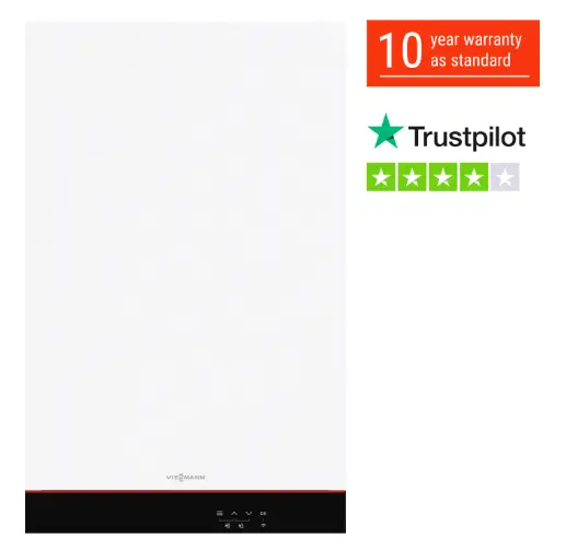 A Viessmann Vitodens boiler with a 10 year warranty banner and 4 star Trustpilot score