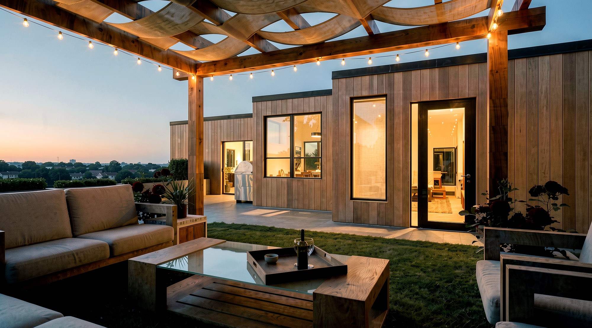 Sommerlind penthouse terrace rendering at dusk with a pergola, lounge seating and connected interior rooms.