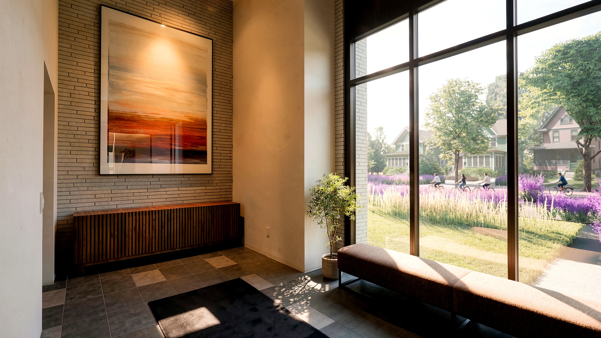 Sommerlind lobby rendering with a wood bench, artwork, pale brick and full-height glazing.