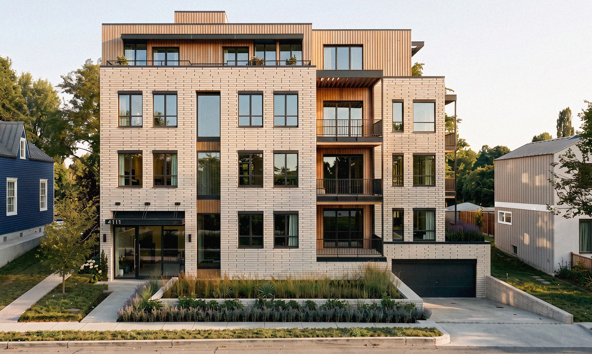 Sommerlind exterior concept with pale masonry, warm upper cladding, recessed balconies and landscaped frontage.