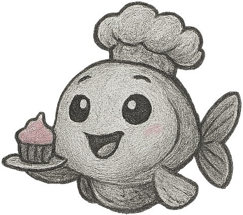 Image of an fish holding a cupcake and wearing a chef hat.