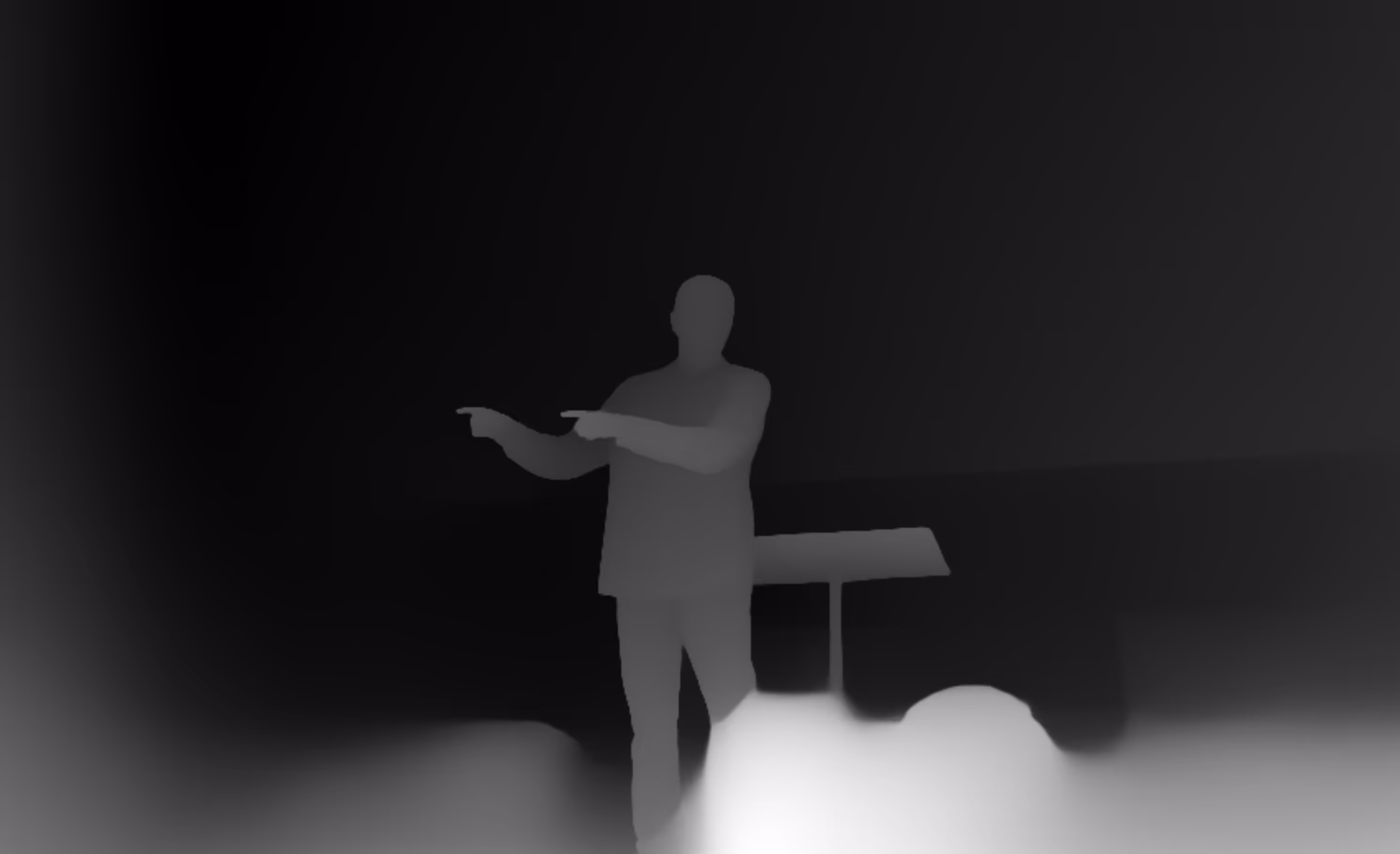 Silhouette of a person standing and pointing with both hands while next to a lectern on a dark stage.