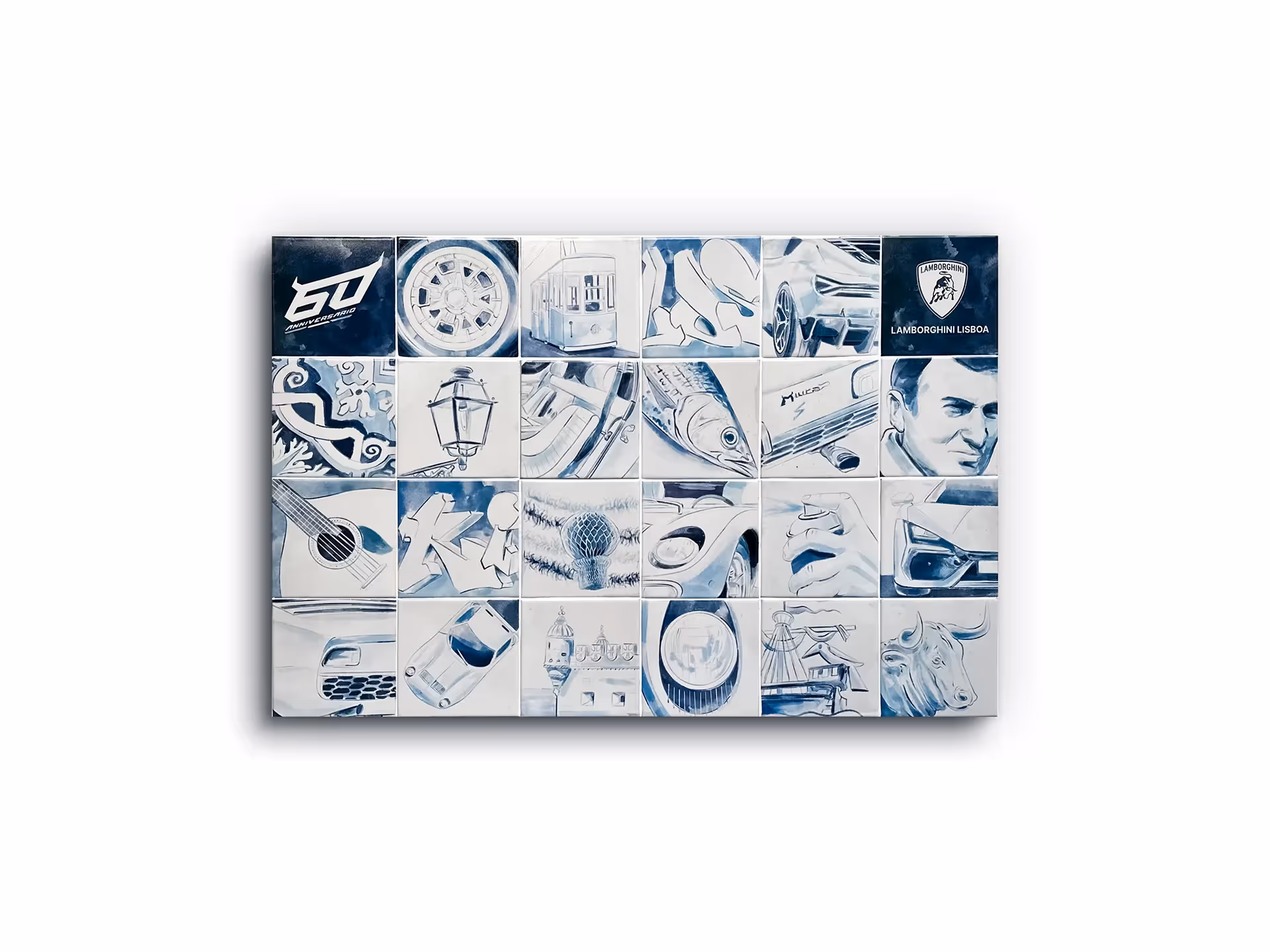 Lamborghini history painted on typical Portuguese white and blue tiles