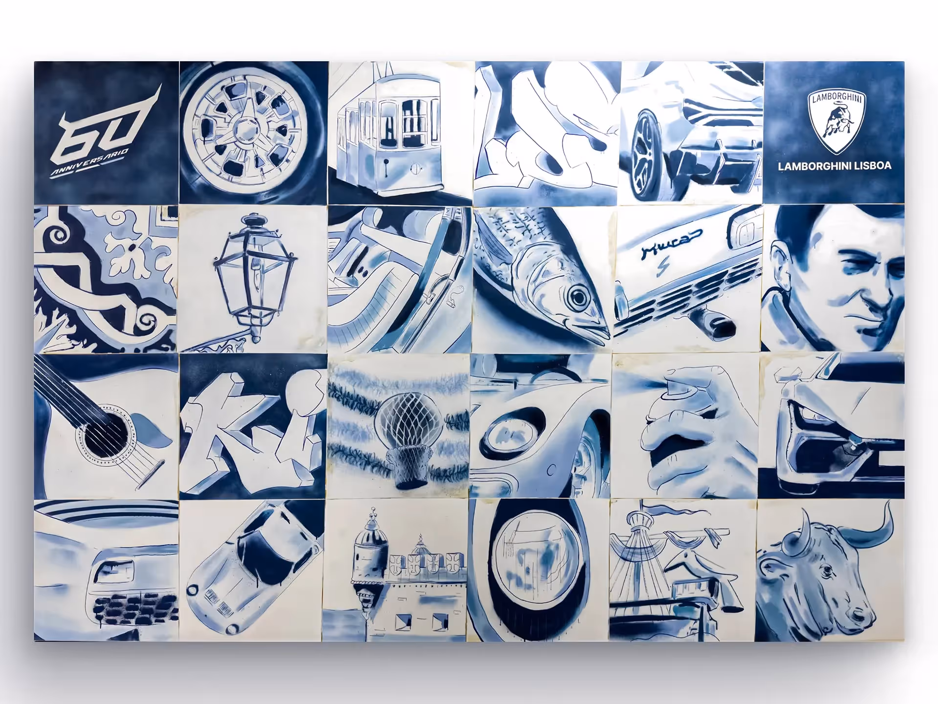 Large Lamborghini-themed canvas simulating blue-toned tiles, including super-cars, and various Lisbon landmarks