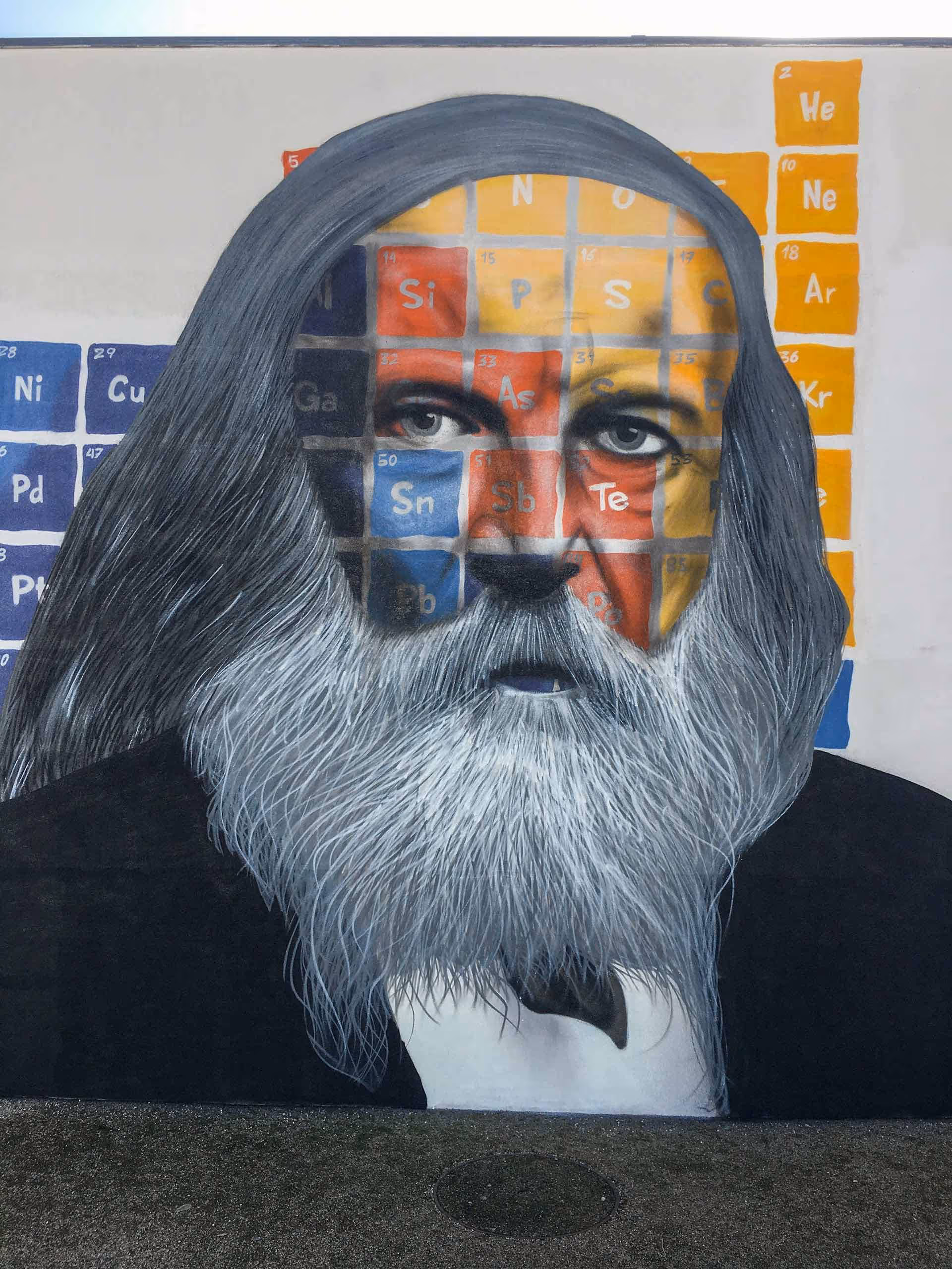Dmitri Mendeleev's portrait painted on a wall