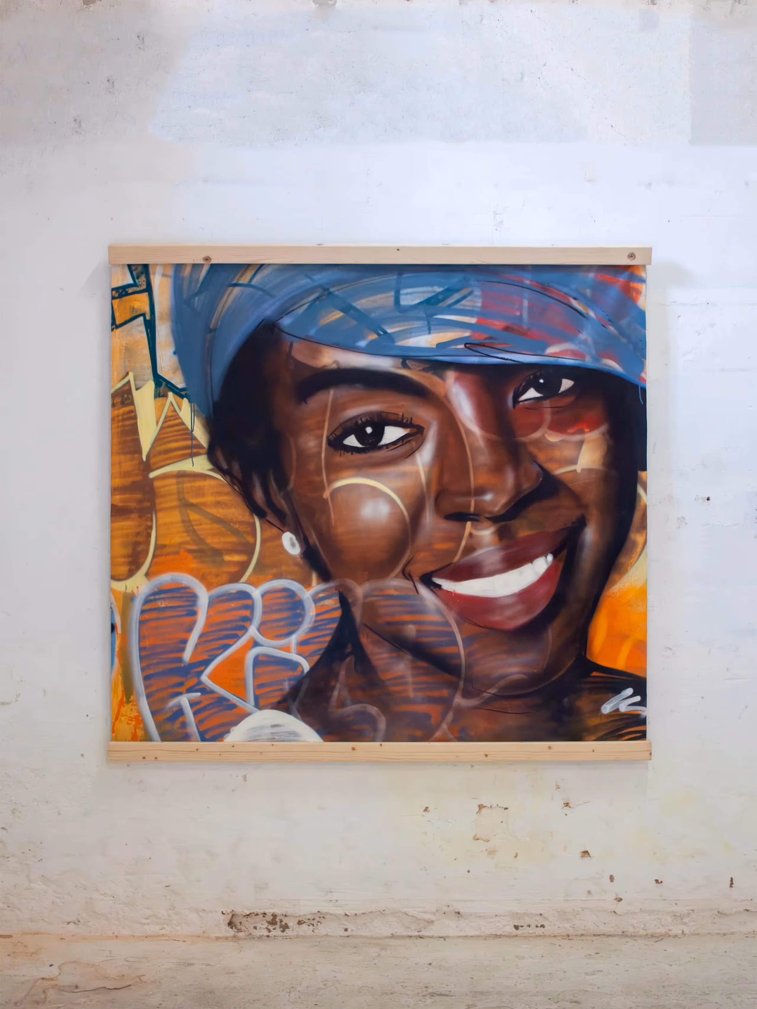 Lauryn Hill portrait painting on a canvas over a colorful graffiti background