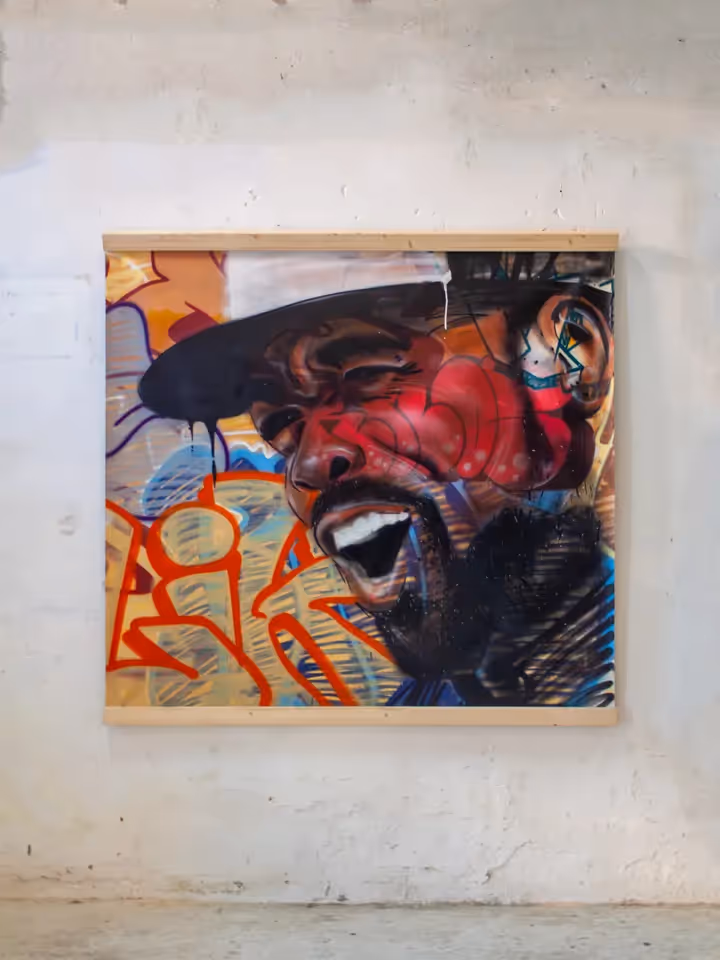 Method Man portrait painting on a canvas over a colorful graffiti background