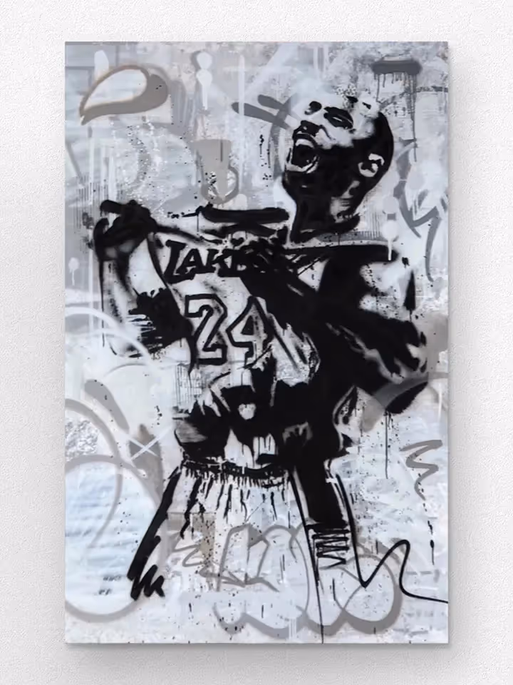 Kobe Bryant painted on a canvas in black and white with an abstract graffiti background