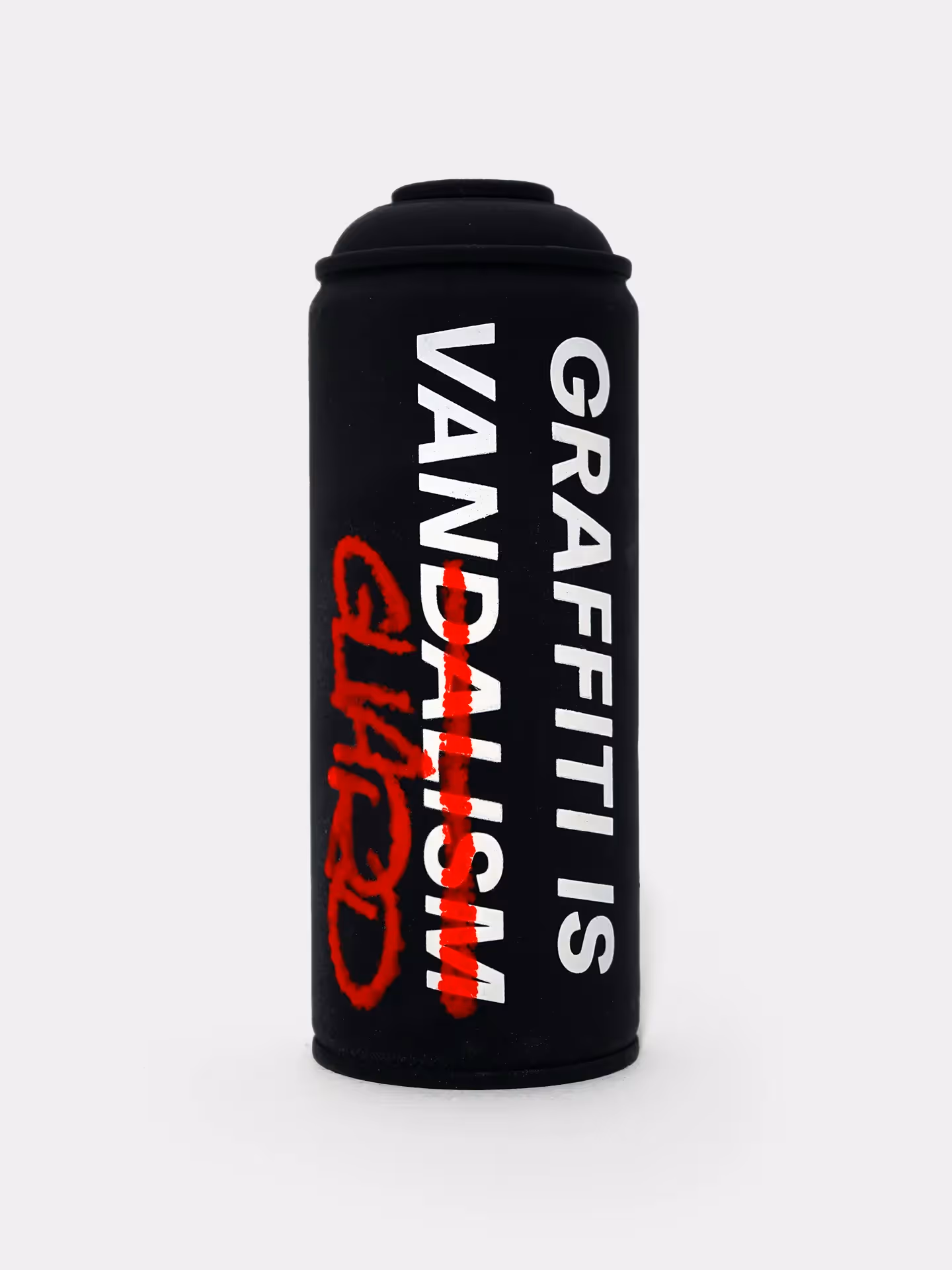 A black spray can with "Graffiti is Vandalism," where "dalism" is crossed out and replaced with "guard" in red.