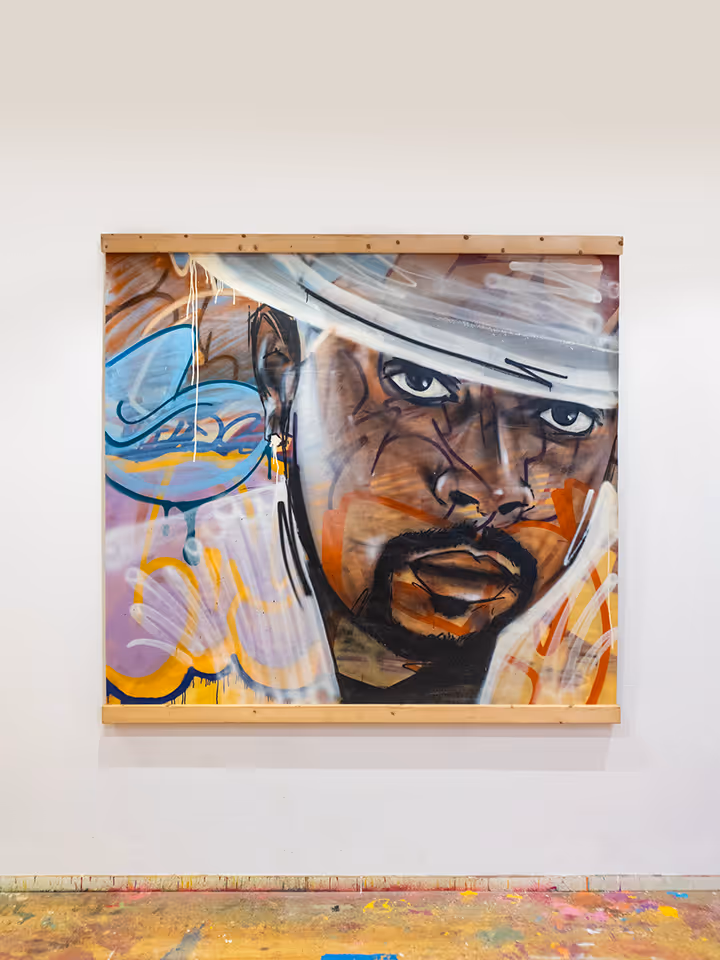 Nate Dogg portrait painting on a canvas over a colorful graffiti background