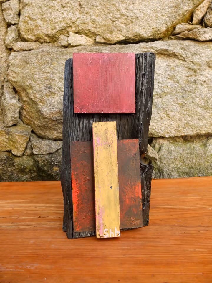 Painted wood abstract sculpture about silence in the age of noise