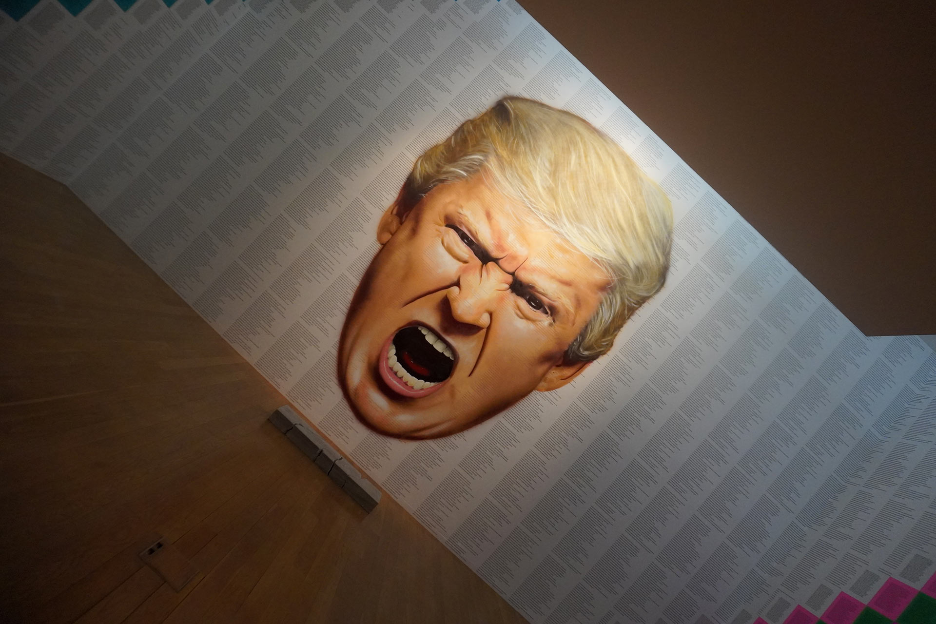 Portrait of a blonde man screaming painted over truisms