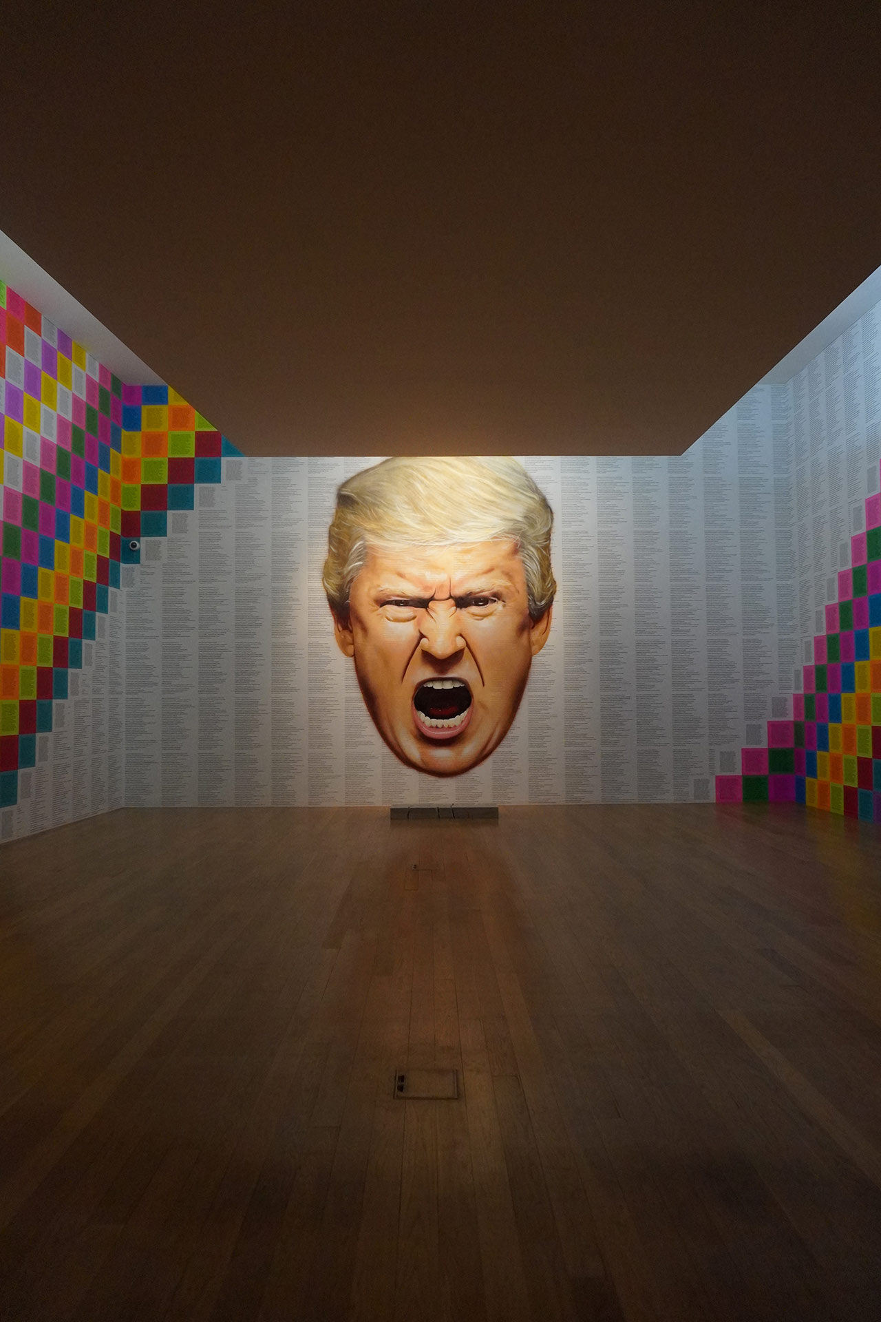 Portrait of a blonde man screaming painted over truisms