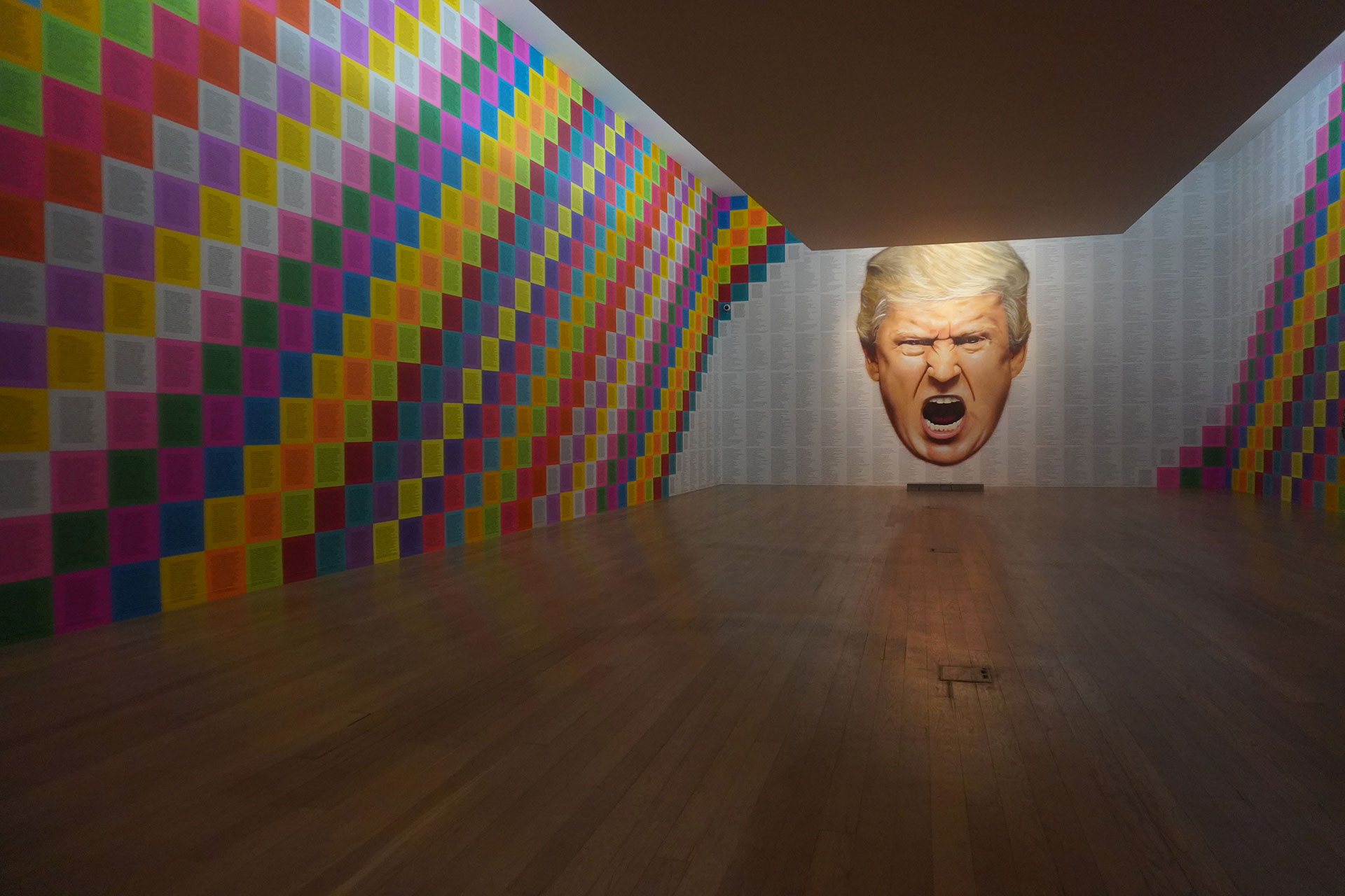 Portrait of a blonde man screaming painted over truisms