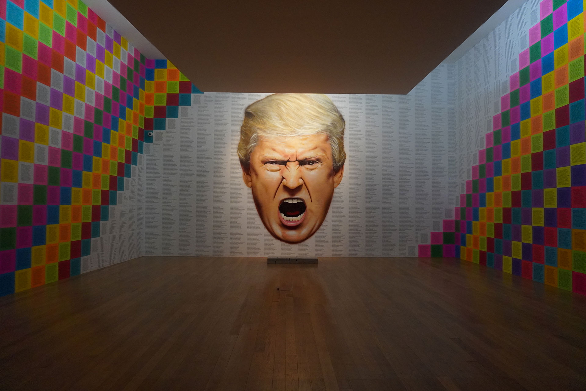 Portrait of a blonde man screaming painted over truisms