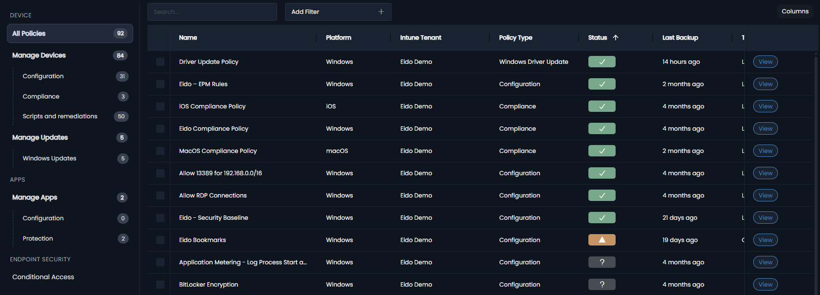 Policy management dashboard listing device policies with platform, status, backup time, and view buttons.