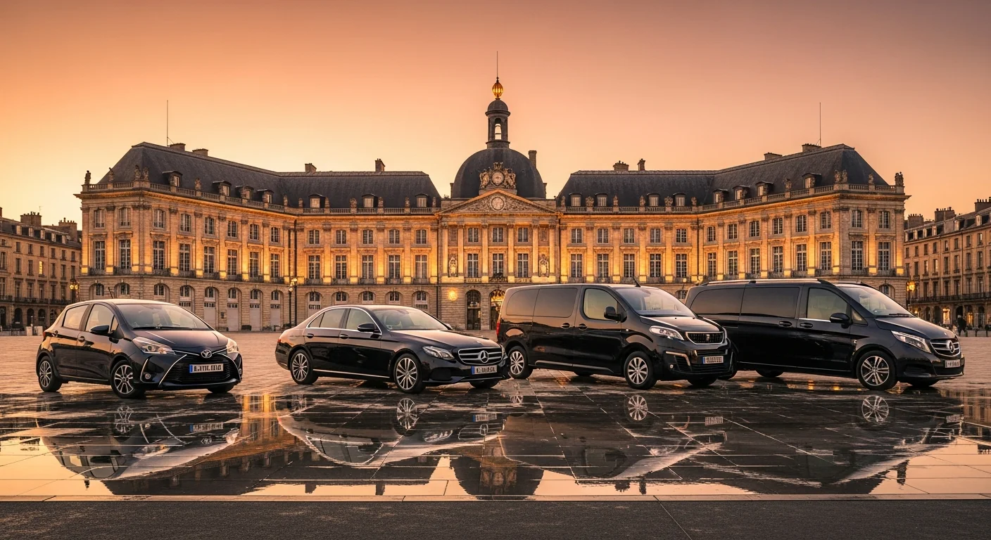 Flotte VTC Bordeaux : Toyota Yaris (Eco), Mercedes Classe E (Berline), Peugeot Traveller (Van éco), Mercedes Classe V (Van Mercedes) — sur le Miroir d'Eau devant la Place de la Bourse au coucher du soleil