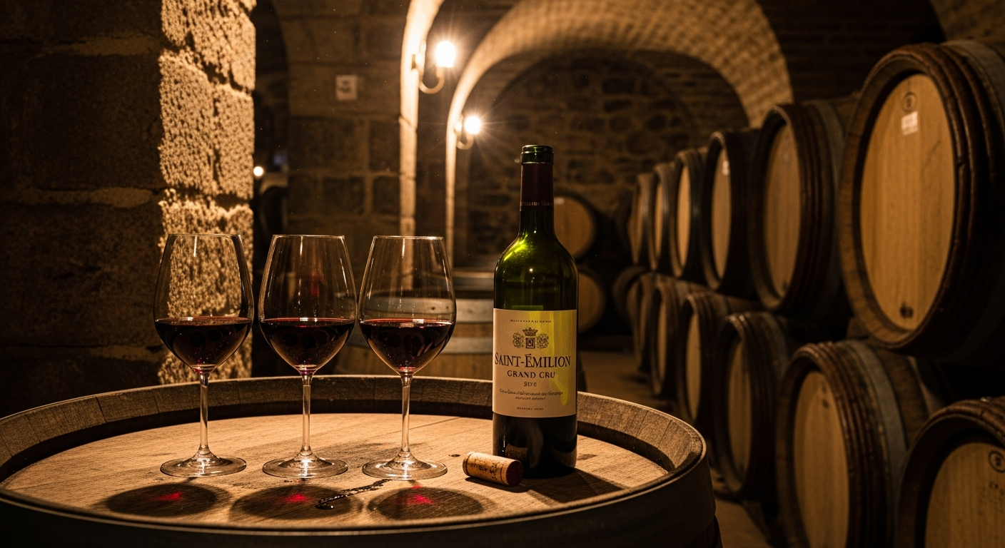 Dégustation de vins rouges Saint-Émilion Grand Cru dans un chai traditionnel avec barriques de chêne