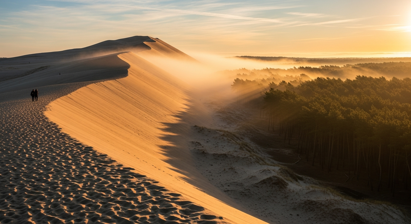 Lever du soleil sur la Dune du Pilat avec brume dorée entre la crête de sable et la forêt de pins