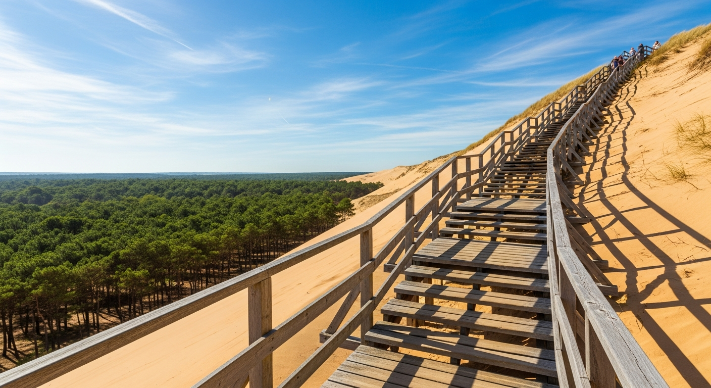Escalier en bois pour accéder au sommet de la Dune du Pilat avec rampe et marches sur la pente sableuse