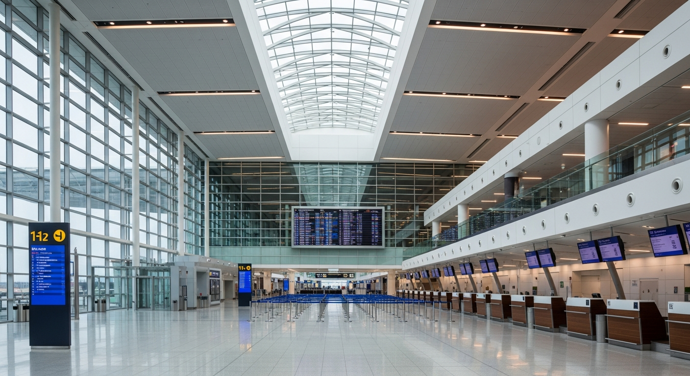 Hall de salidas moderno del aeropuerto Burdeos-Mérignac con pantallas de información y arquitectura contemporánea