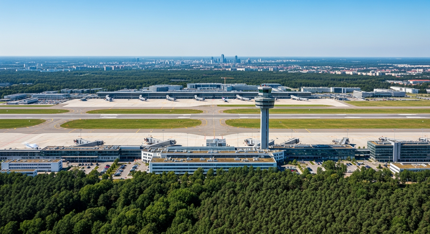 Vista aérea del aeropuerto Burdeos-Mérignac BOD con sus dos pistas cruzadas y terminales