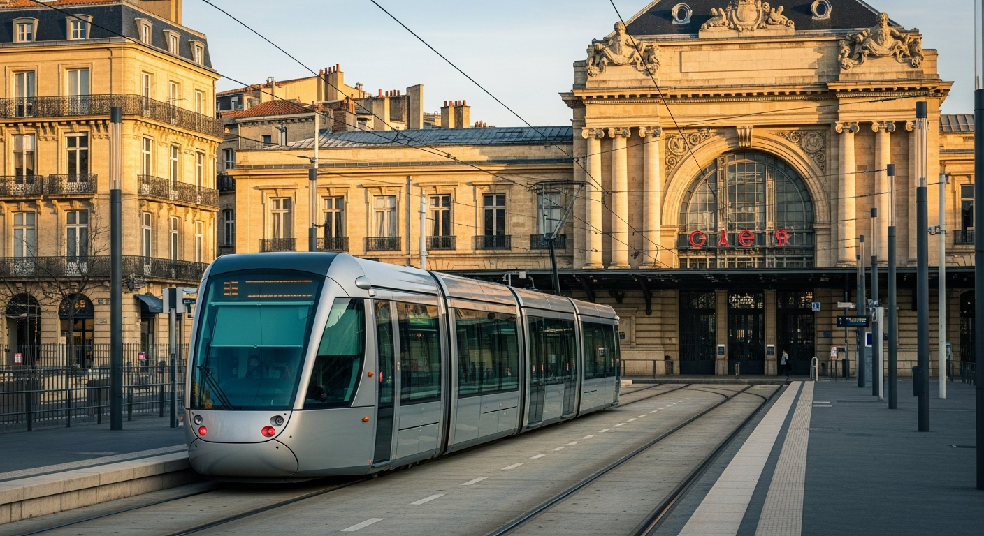 Tranvía línea C TBM en la parada explanada de la estación Saint-Jean Burdeos conexión directa con el centro en 10 minutos