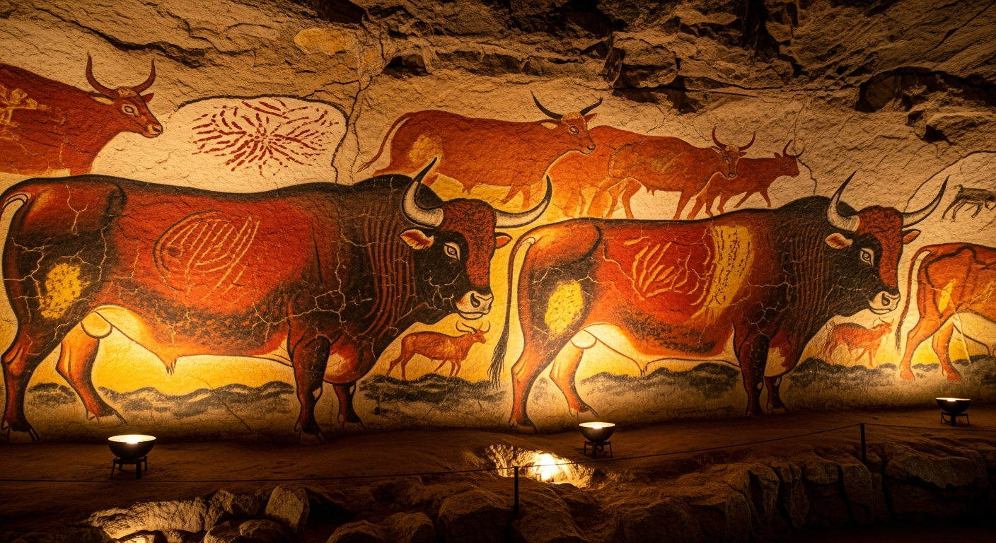 Sala de los Toros de Lascaux, uros monumentales pintados en ocre rojo y negro sobre paredes calcáreas