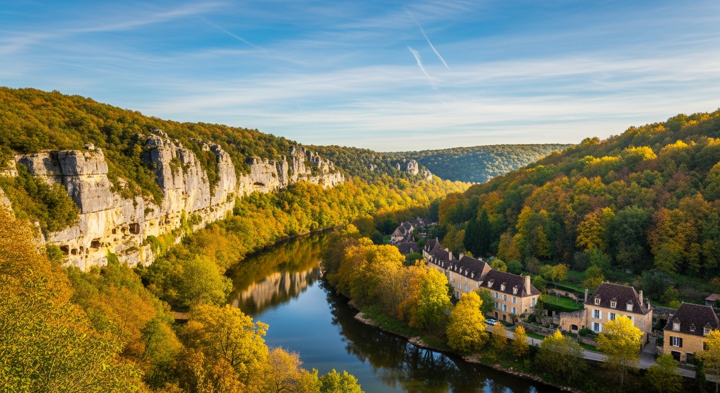 Valle del Vézère en otoño, acantilados calcáreos, UNESCO desde 1979 con 15 sitios prehistóricos