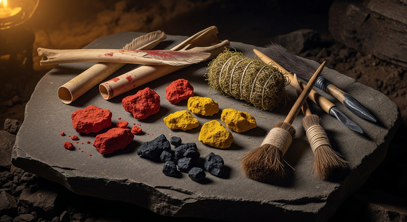 Pigmentos y herramientas magdalenienses: ocre rojo, manganeso, huesos huecos para soplado, arte rupestre prehistórico