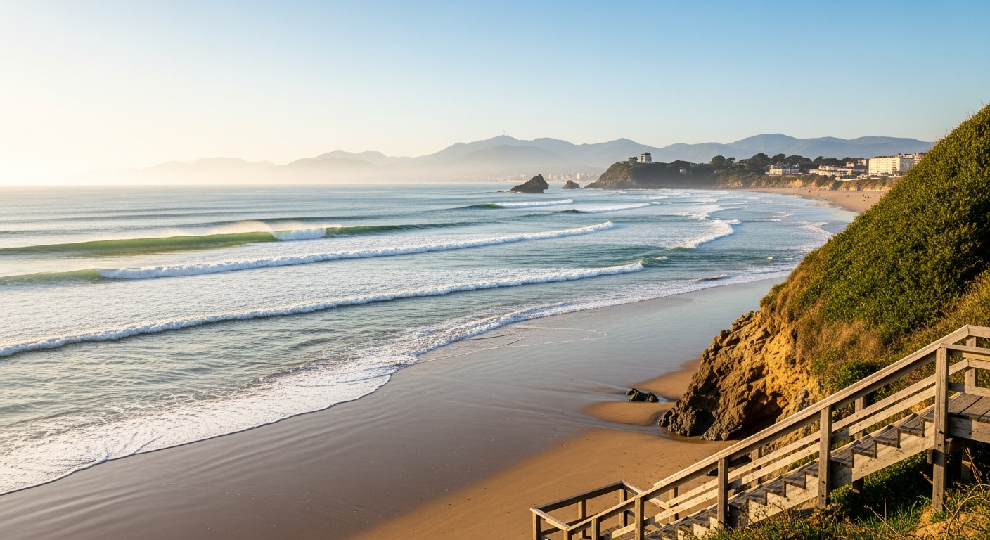 Côte des Basques à Biarritz, plage de naissance du surf européen en 1956 face aux Pyrénées