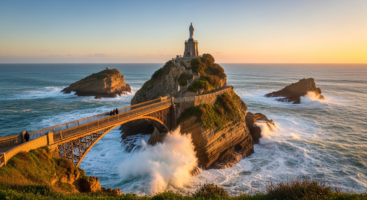 Rocher de la Vierge à Biarritz, passerelle métallique percée par Napoléon III et statue de 1865