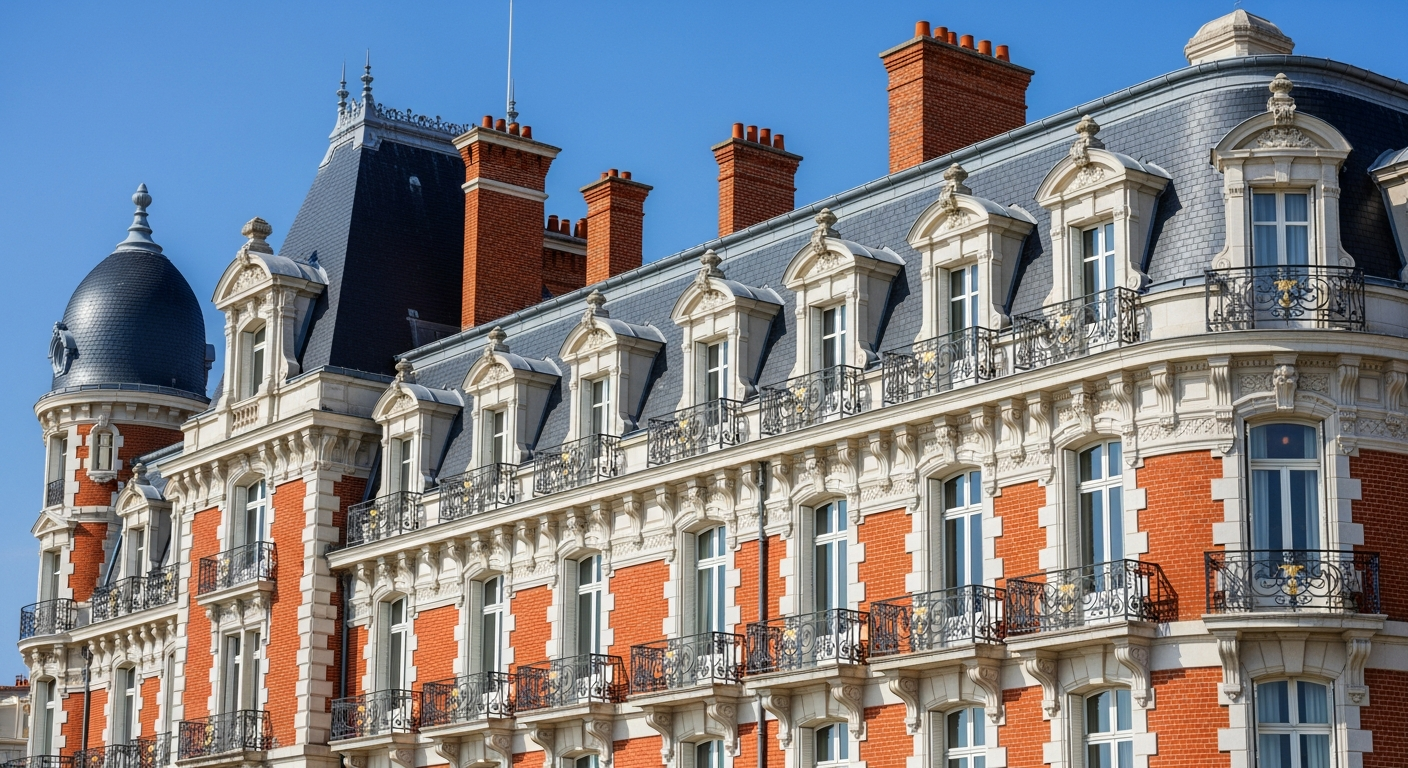 Hôtel du Palais Biarritz, architecture Belle Époque en brique rouge et pierre blanche, plan en E pour Eugénie